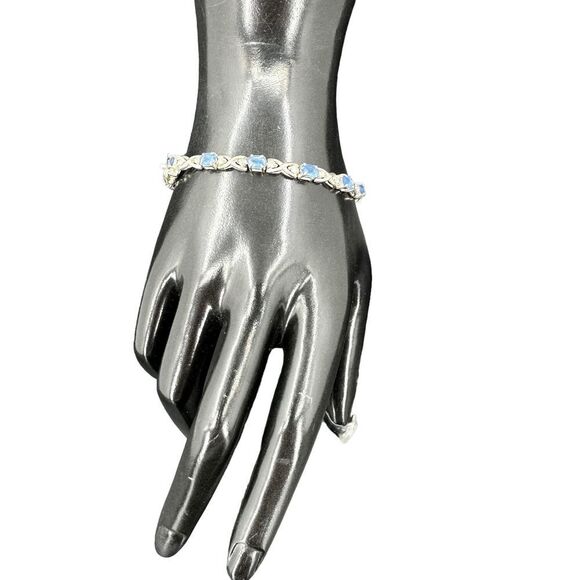 Sterling Silver .925 CZ Tennis Bracelet Blue Stone Marked Open Back - Picture 1 of 8